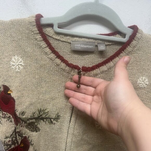 Croft & Barrow Holiday Cardinal Red tan Bird Zip Front Cardigan sweater 3x - Picture 3 of 9